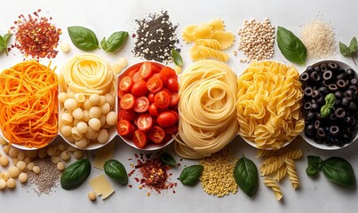 Food background with spaghetti  or pasta recipe ingredient on wooden table - obrazy, fototapety, plakaty