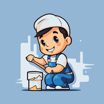 Vector illustration of a cute boy in a white cap and blue overalls with a paint can