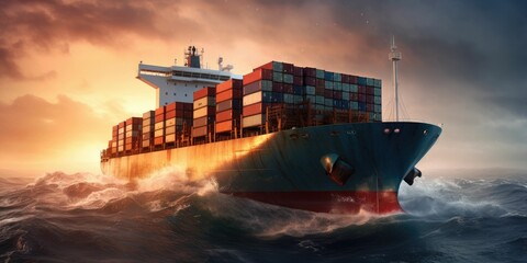 Large cargo ship transporting shipping container over oceans and around the world background - obrazy, fototapety, plakaty