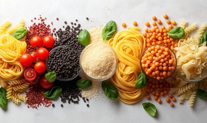 Food background with spaghetti  or pasta recipe ingredient on wooden table
