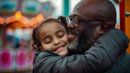 Candid black father and daughter hugging at a theme park day out. Father's Day concept. African american loving family. Single father and child bonding. Positive father figure. AI generated.