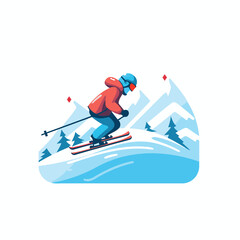Skiing. Vector illustration in flat style isolated on white background.