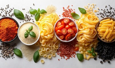 Food background with spaghetti  or pasta recipe ingredient on wooden table - obrazy, fototapety, plakaty