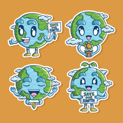 Set of Cute planet earth mascot. Cartoon earth illustration. Earth Day vector illustration. Hand drawn vector illustration