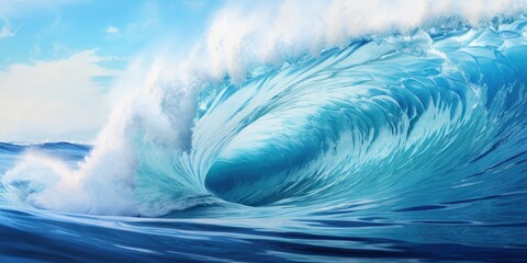 Close-up view of huge ocean waves and beautiful blue sea