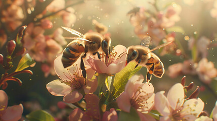 Bees gathering nectar from peach blossoms. - obrazy, fototapety, plakaty