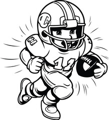 American football player running with ball. Black and white vector illustration.