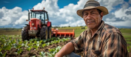 Fototapeta premium Portrait a farmer with tractors working on the wide field farm. AI generated image