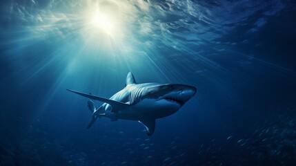 Fototapeta premium An awe-inspiring underwater scene featuring a powerful and majestic shark gliding through the clear ocean depths. 