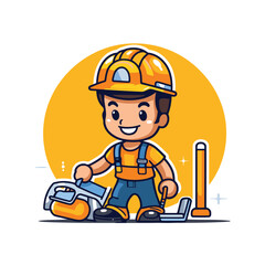 Cute cartoon boy construction worker with building tools. Vector illustration.