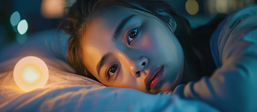 Close up portrait young asian woman have insomnia in the midnight at bed. AI generated image