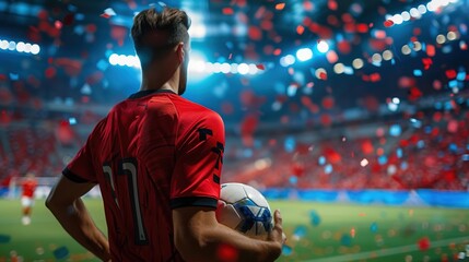 Fototapeta na wymiar close up back view a soccer football player in red team concept holding soccer ball in the stadium