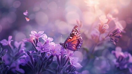 Soft Purple flowers of of violet with flying butterfly on blur spring background