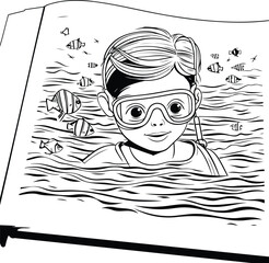 Boy in diving mask and snorkel swimming in the sea. Vector illustration.