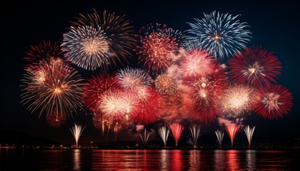 Vibrant night celebrations  stunning fireworks lighting up the dark sky in a mesmerizing display.