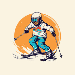 Skier in helmet and glasses rides on skis. vector illustration