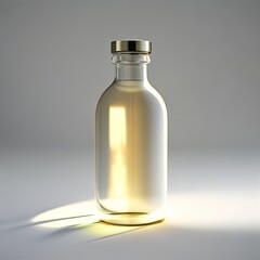 A glossy glass supplement bottle with a white background, illuminated by a single ray of light