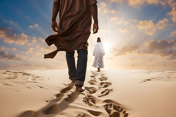 A man walking in the sand following God. Religious theme concept. - obrazy, fototapety, plakaty