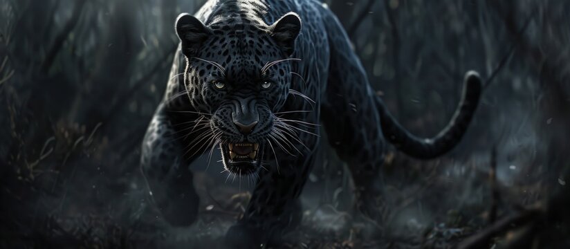 Front view of misty wild black panther on dark background. AI generated image