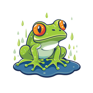 Frog in rain. Cute cartoon character. Vector illustration.