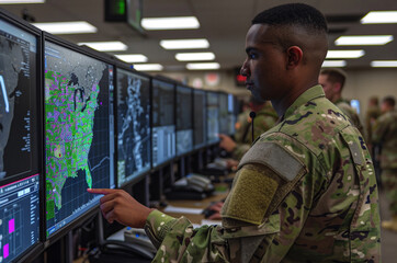 Miltech concept - military cyber professionals are monitoring screens filled with real-time data and code