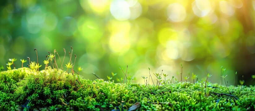 Closeup on green moss in rainforest in blurred nature background. AI generated image