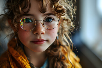 Portrait of Cute Curly Haired Little Girl Wearing Glasses