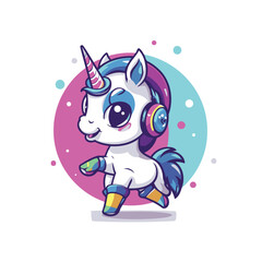 Cute unicorn with headphones listening to music. Vector cartoon illustration.