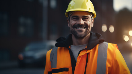 Fototapeta premium smiling construction worker or engineer at construction site wearing safety jacket and helmet, portrait of a worker