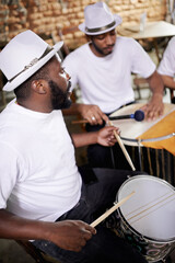 Group, band and music on drums for carnival, festival or creative performance at party in Brazil....