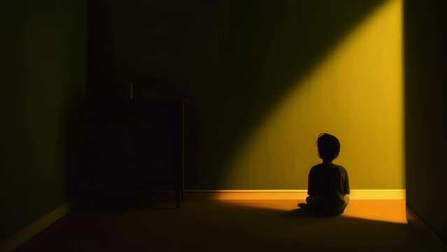 A child cowering in the corner of a room fearful of an unknown presence. Psychology art concept. .