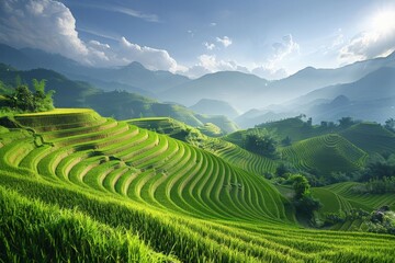 Rice fields on terraced of Vietnam. Panoramic Vietnam landscapes. - obrazy, fototapety, plakaty