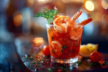 A classic shrimp cocktail, with succulent chilled shrimp served in a martini glass, paired with a zesty cocktail sauce and a lemon twist for garnish.