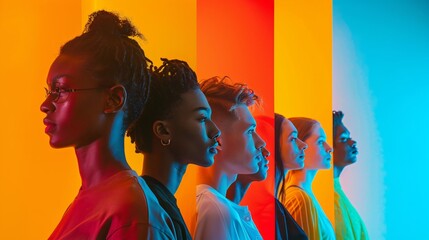 cropped close up portraits of young adults on multi colored background
