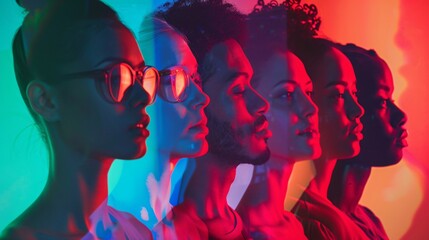 portraits of young trendy models on colored neon background