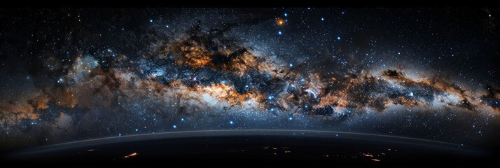 Surface of Earth planet in deep space. Outer dark space wallpaper. Night view on planet with cities lights