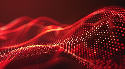 wave of dots and lines to show big data and technology on red abstract background