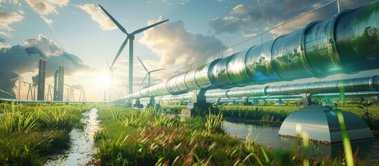 Eco friendly energy with hydrogen pipeline green factory with wind turbines. AI generated image - obrazy, fototapety, plakaty