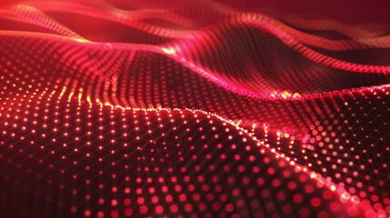 wave of dots and line mesh grid to show big data and technology and communication on red abstract background