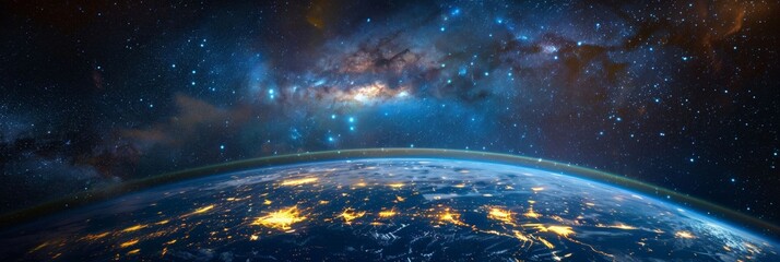 Surface of Earth planet in deep space. Outer dark space wallpaper. Night view on planet with cities lights - obrazy, fototapety, plakaty