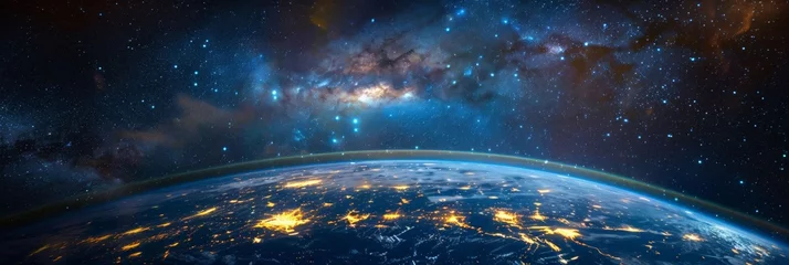 Fotobehang Surface of Earth planet in deep space. Outer dark space wallpaper. Night view on planet with cities lights © arhendrix