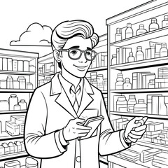 Black and white illustration of a pharmacist using a smartphone in a drugstore.