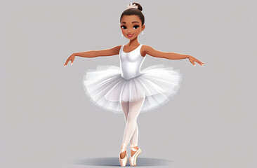 cute girl ballerina in a white ballet dance tutu dances solo on stage in the spotlight, cartoon style illustration
