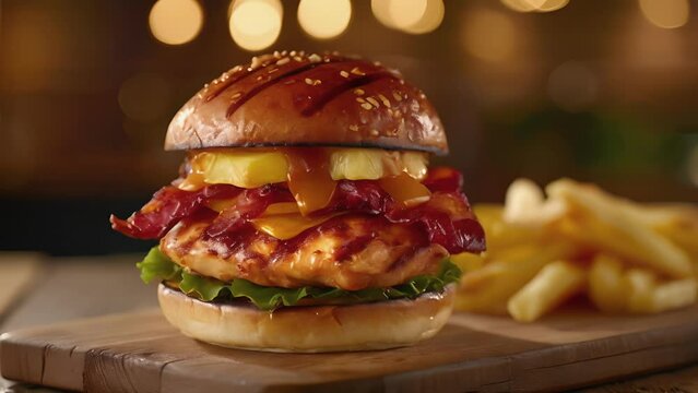 A symphony of flavors greets the senses as a flamegrilled chicken burger is topped with sweet and tangy pineapple crispy bacon and a drizzle of honey mustard. The bun is kissed