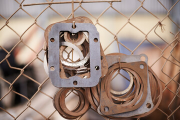 Fence, car gasket throttle and engineering in a scrap yard and mechanic equipment with vehicle...