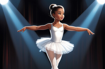 cute girl ballerina in a white ballet dance tutu dances solo on stage in the spotlight, cartoon style illustration