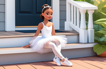 cute girl ballerina sitting on the porch of the house, cartoon style illustration