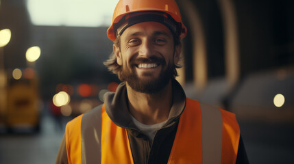 smiling construction worker or engineer at construction site wearing safety jacket and helmet, portrait of a worker