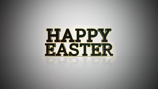 Black and white image of Happy Easter in yellow letters on a white background. Stylized font with a shadow effect, diagonal arrangement