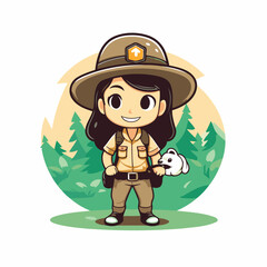 Cute cartoon safari explorer girl with rabbit. Vector illustration.